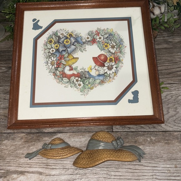 Other - L CHAMBERS Art Framed Print Cute Flowers Boy Girl HEART Frame Matted W Hats